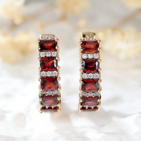 14K Gold 2ct Red Ruby Gemstone 1ct Diamond Small Hoop Earrings 14 Karat Jewelry - Picture 1 of 8